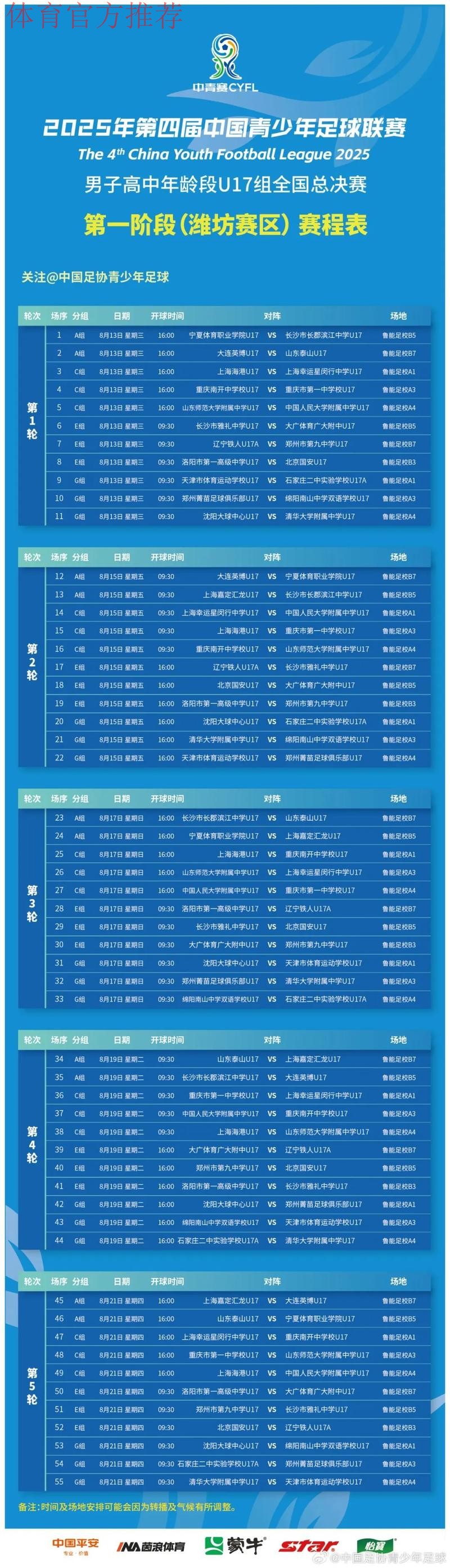 中国青少年足球联赛（男子高中年龄段U17组）预选赛第一阶段分组出炉